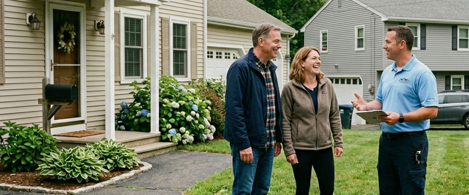 Three people standing outside a row of residential homes, discussing while one person holds a clipboard