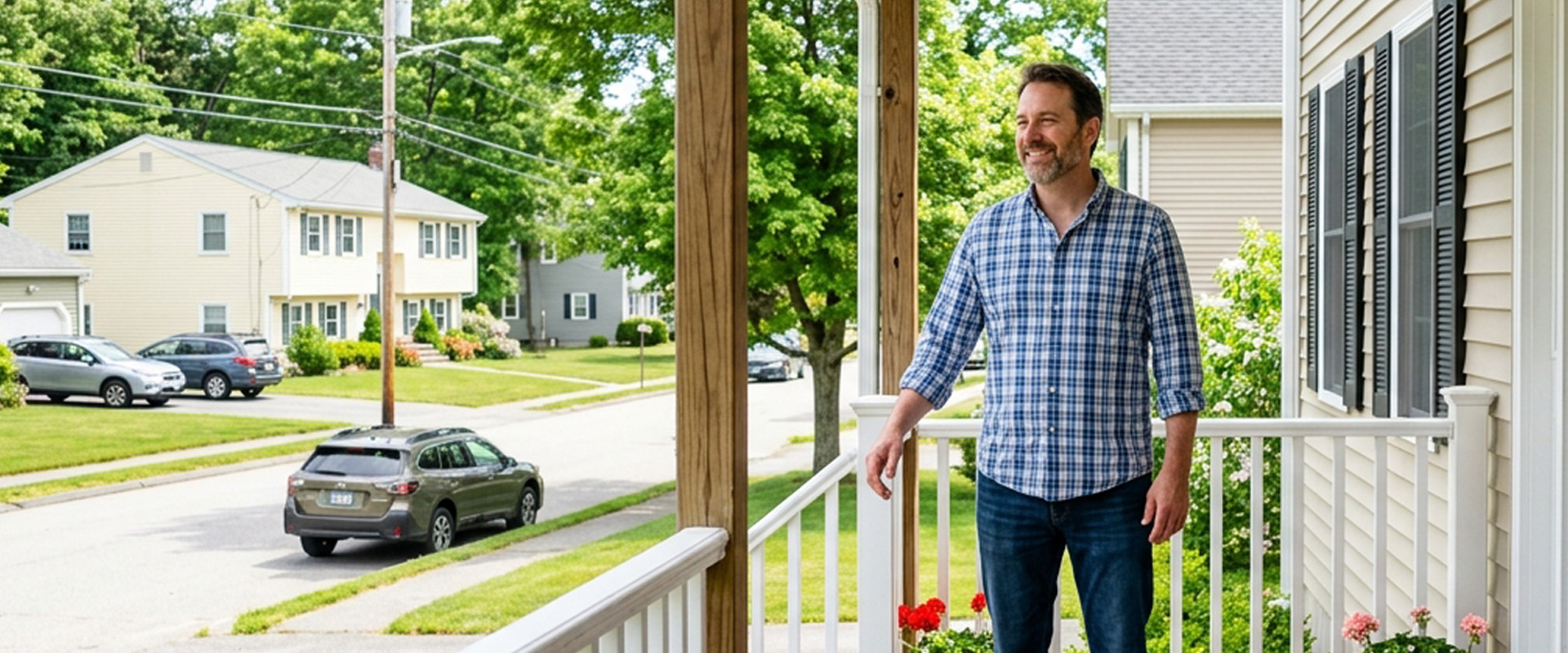 Person standing on a front porch of a suburban home overlooking a quiet residential street with trees and parked cars