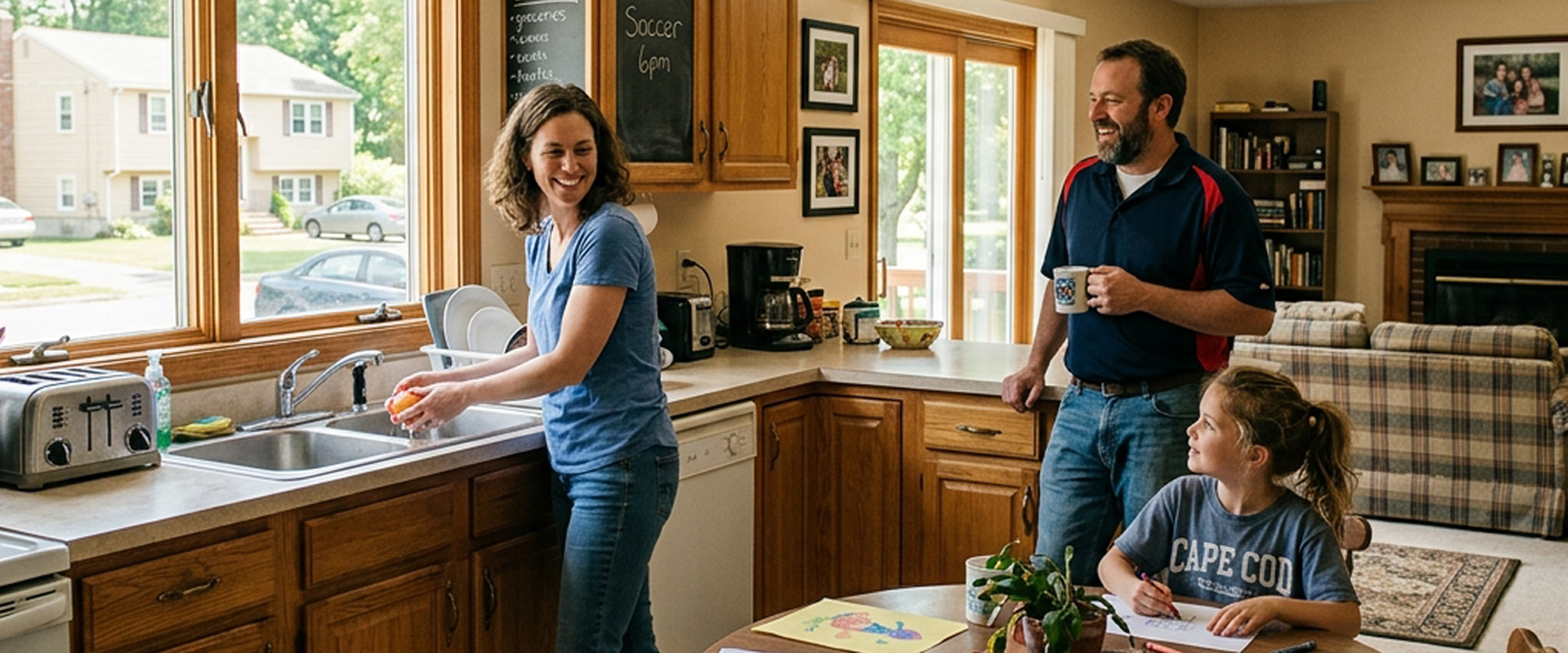 Family activity in a kitchen, washing dishes and spending time together at home