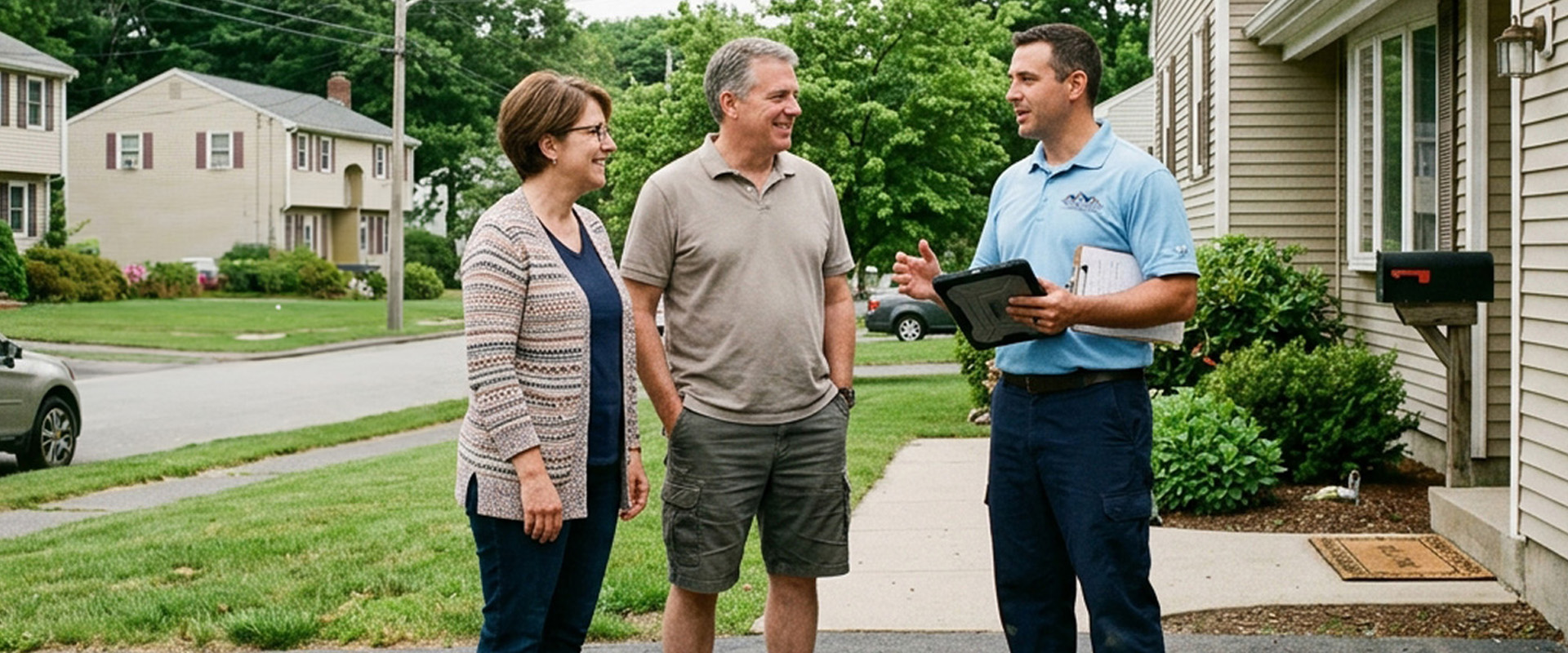 Three people standing outside a row of residential homes, discussing while one person holds a clipboard