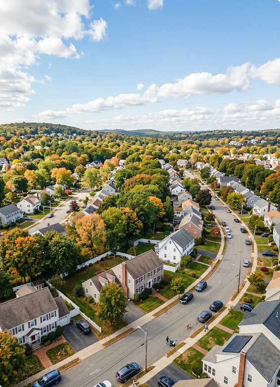 Aerial view of a suburban neighborhood with houses