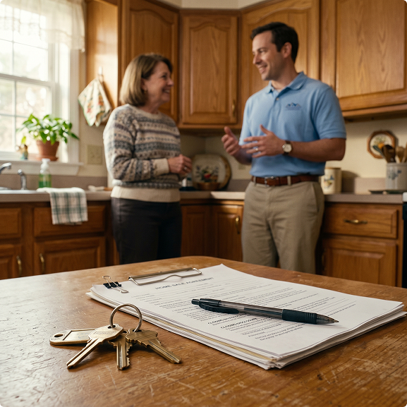 Two people discussing home purchase documents in a kitchen with house keys and paperwork on a wooden table