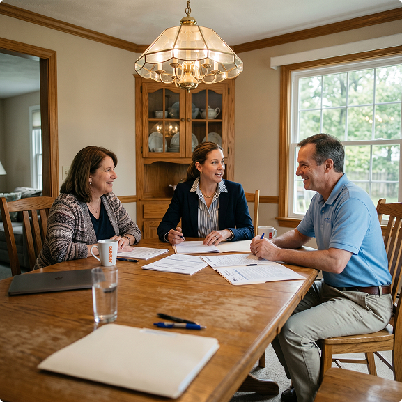 In-home meeting discussing documents or finances at a dining table