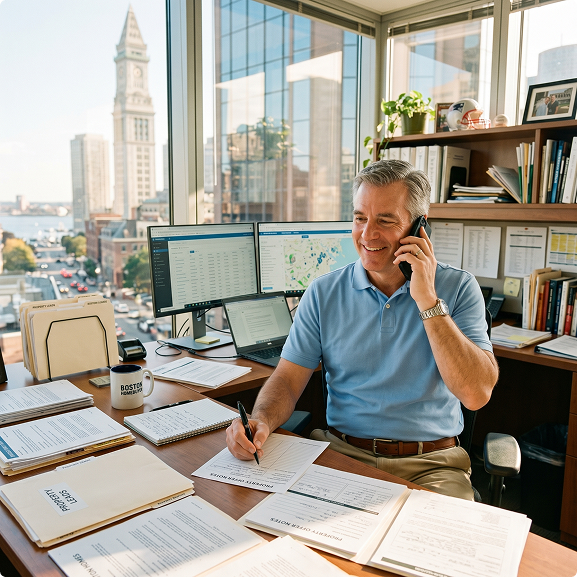Person seated at a desk in an office, talking on the phone while reviewing documents and working on a computer