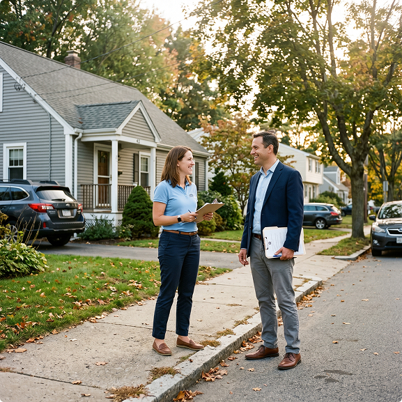 Real estate or home consultation outside a suburban property with documents in hand