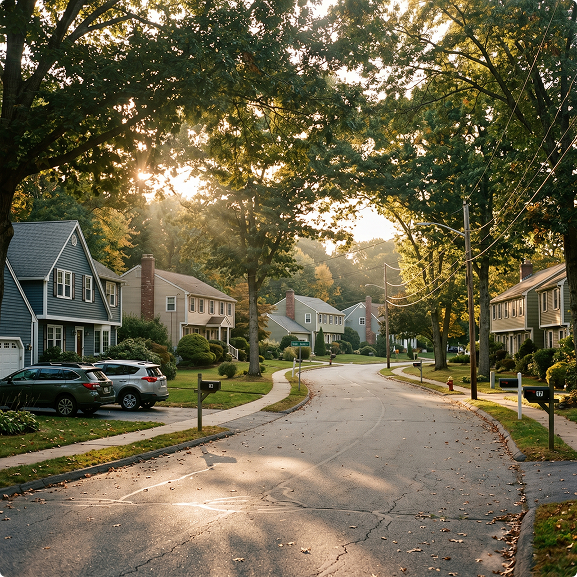 Peaceful suburban neighborhood with tree-lined streets and houses in warm natural light