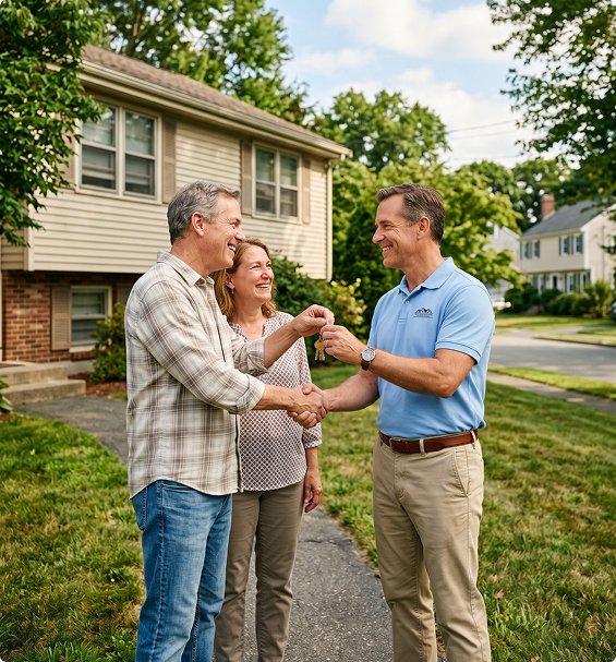 A person hands over keys while shaking hands with another person outside a house.