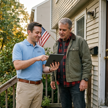 Two people using a tablet outside a house