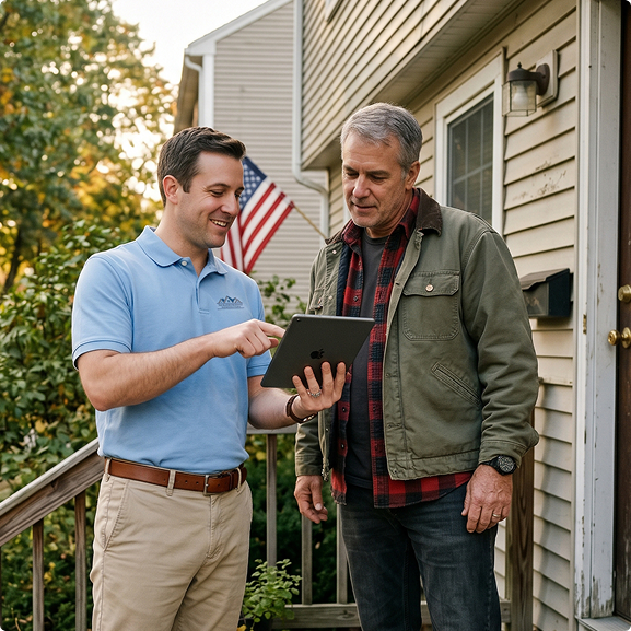 Two people using a tablet outside a house