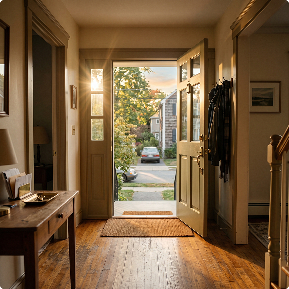 Open doorway of a house with natural light and view of a quiet suburban neighborhood