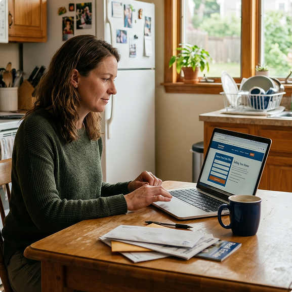 Person sitting on a chair in the kitchen using a laptop