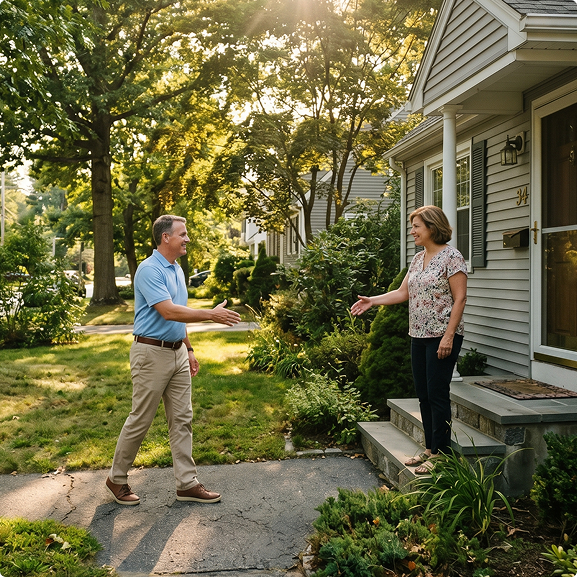 Two people standing outside a residential home, reaching out to shake hands on a front walkway.