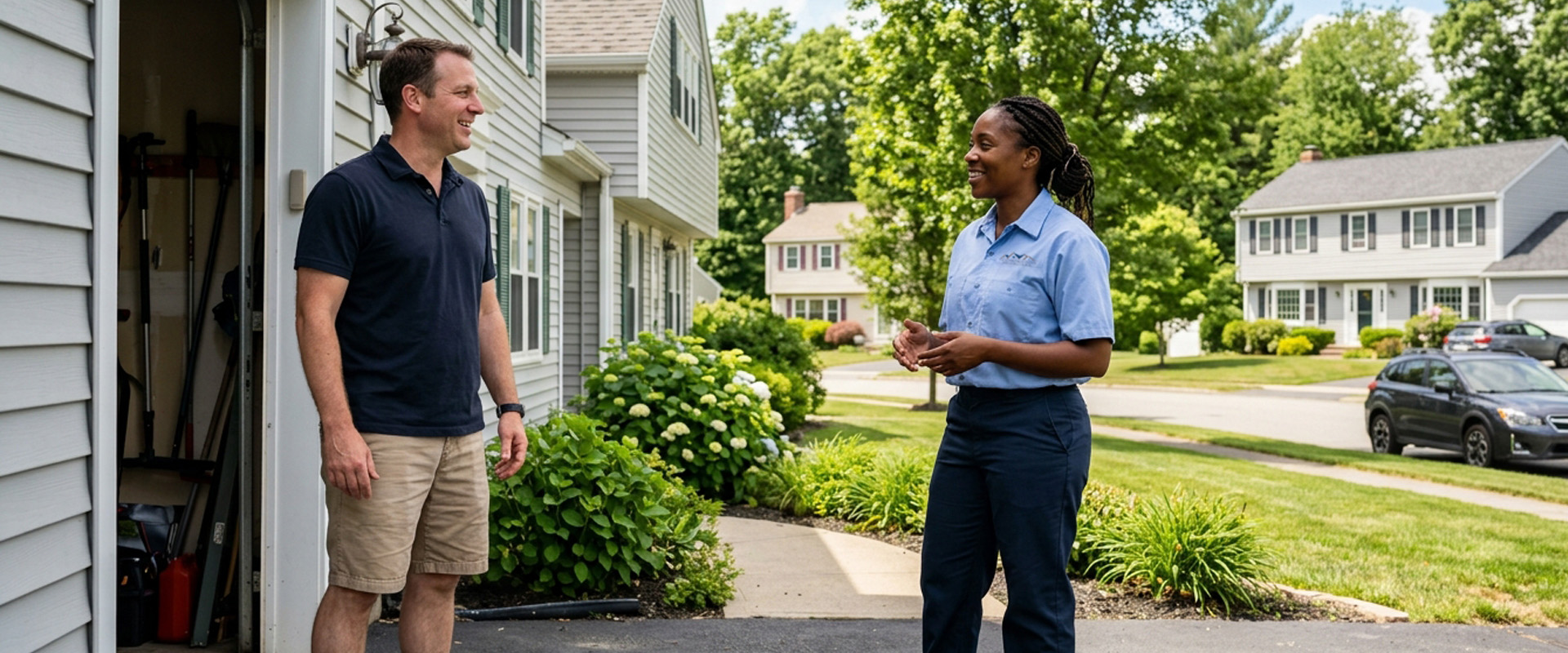 Two people standing outside a suburban home near a driveway and garden, having a conversation.