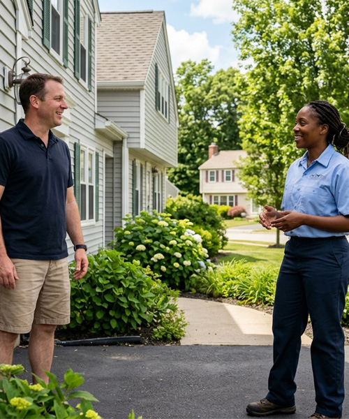 Two people standing outside a suburban home near a driveway and garden, having a conversation.