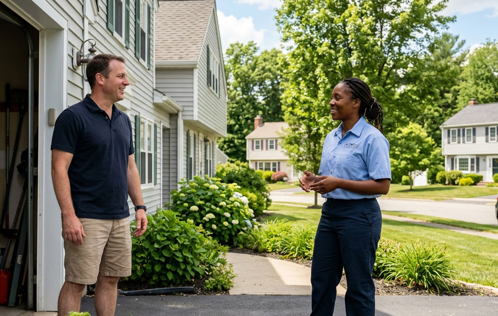 Two people standing outside a suburban home near a driveway and garden, having a conversation.