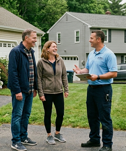 Three people standing outside a row of residential homes, discussing while one person holds a clipboard