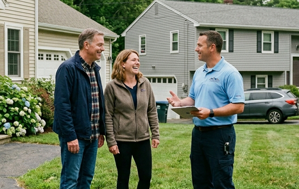 Three people standing outside a row of residential homes, discussing while one person holds a clipboard
