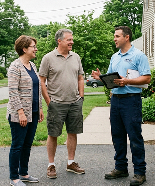 Three people standing outside a row of residential homes, discussing while one person holds a clipboard