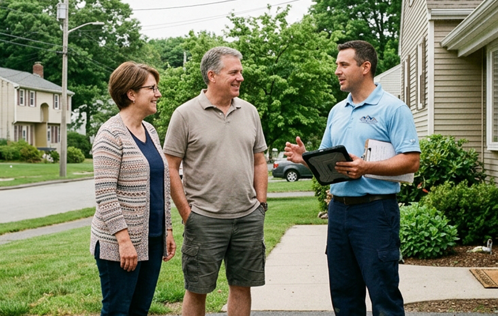 Three people standing outside a row of residential homes, discussing while one person holds a clipboard