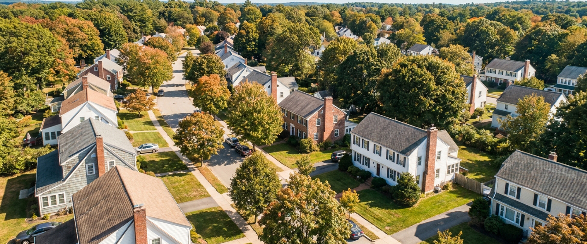 Aerial view of a quiet residential neighborhood with tree-lined streets, detached houses, parked cars, and trees showing autumn colors.