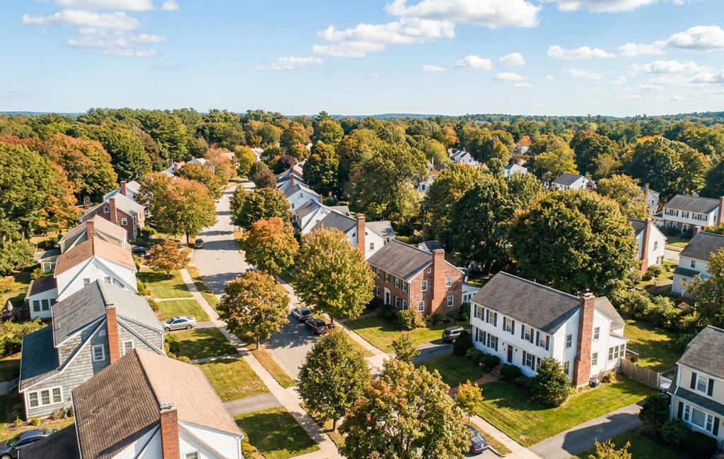 Aerial view of a quiet residential neighborhood with tree-lined streets, detached houses, parked cars, and trees showing autumn colors.
