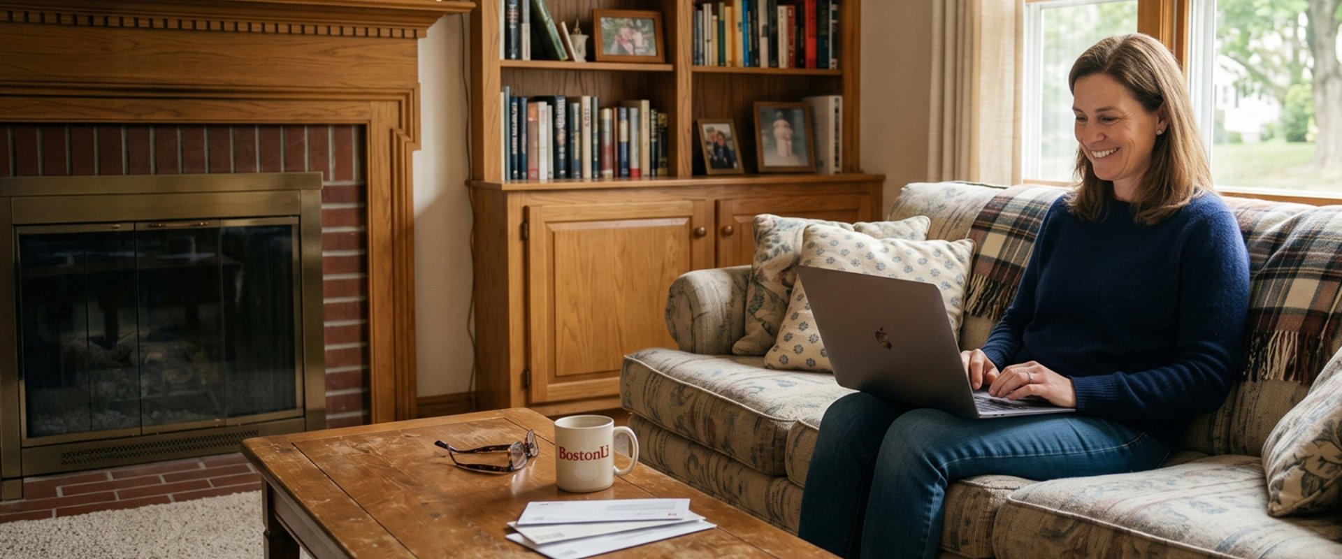 Person sitting on a couch in a living room using a laptop