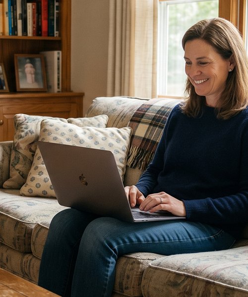 Person sitting on a couch in a living room using a laptop