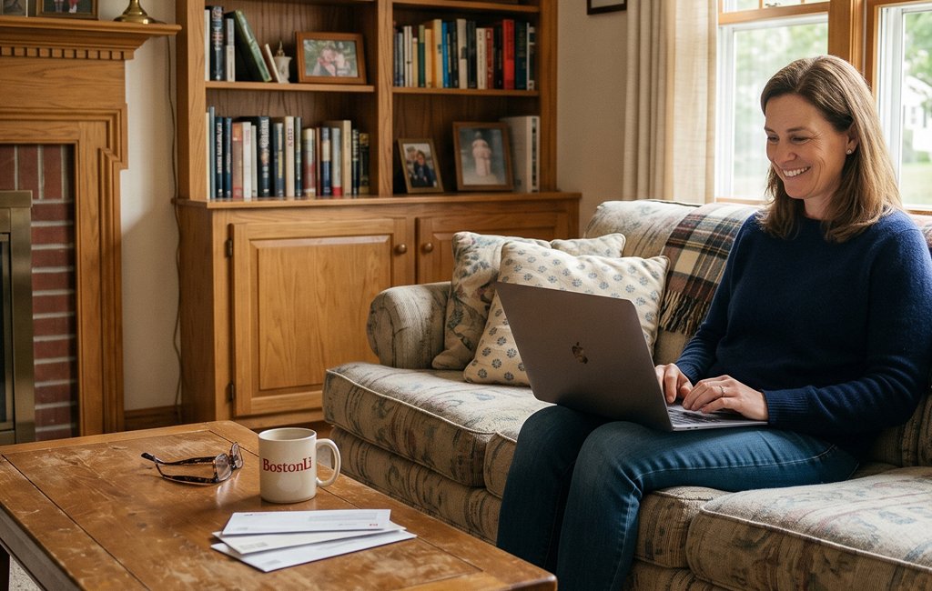 Person sitting on a couch in a living room using a laptop