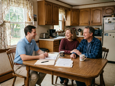 Three people sit at a table reviewing documents in a kitchen
