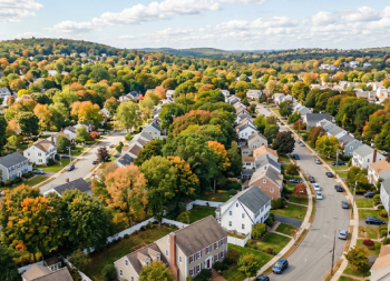Aerial view of a suburban neighborhood with houses