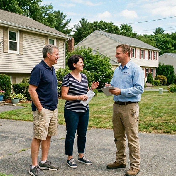Three people talking outside a house.
