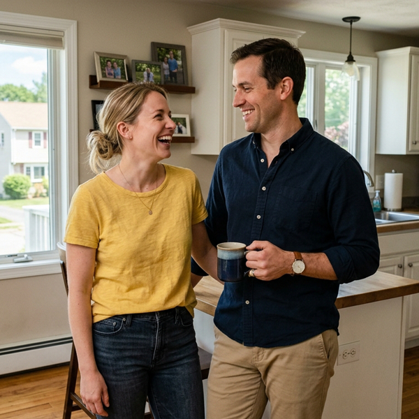 Two people standing in a kitchen, smiling and holding a mug, with framed photos and shelves in the background