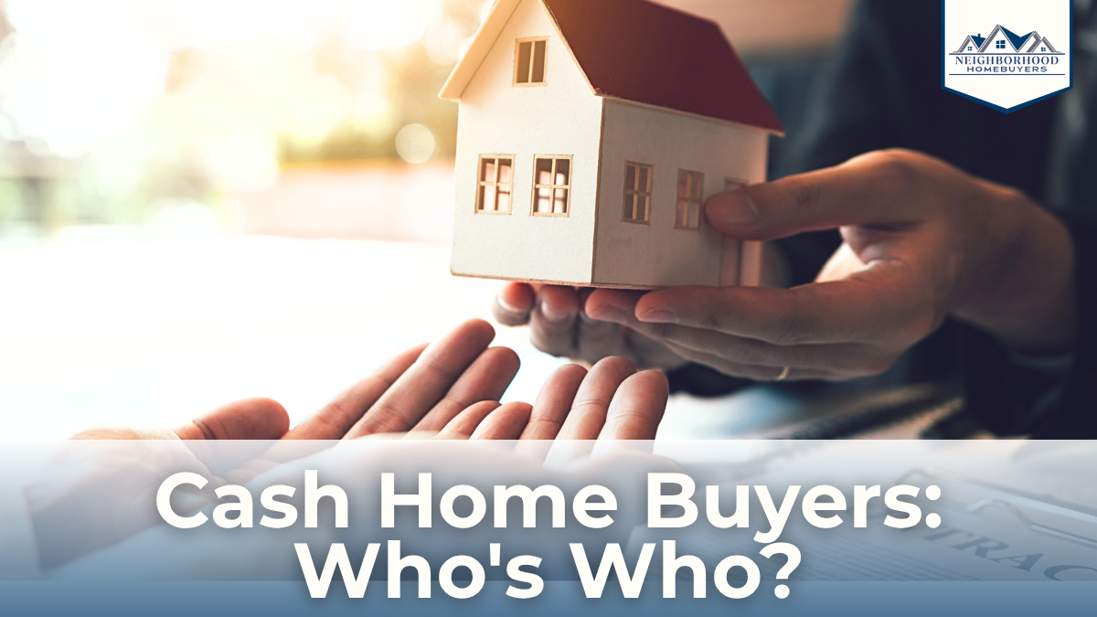 Massachusetts home with a for-sale sign and text reading "Cash Home Buyers: Who's Who?"